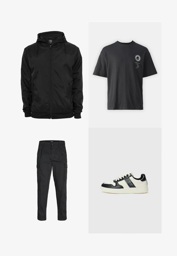 Musta kevyt takki, joka on valmistettu kiiltävästä materiaalista. Takissa on huppu, edessä vetoketju ja joustavat hihat, joissa on pehmeä sisävuori.; Musta puuvillapaita lyhyillä hihoilla, pyöreällä kaula-aukolla ja etupuolella graafiset kuvat auringosta ja kuusta, tekstinä "Le Soleil et La Lune."; Mustat cargo-housut, jotka on valmistettu kestävästä kankaasta. Housuissa on useita taskuja, nappisulku ja kapea istuvuus, jossa on kapenevat lahkeet.; Nahkakengät musta-kerma värimaailmassa, joissa on rei'itetyt yksityiskohdat, pehmustettu nilkkaosa ja teksturoitu pohja.