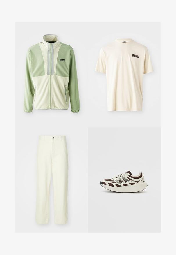 Flis jakna svijetlo zelene i krem boje, s visokim ovratnikom, punim zip zatvaračem, dva bočna džepa i logotipom na prsima.; Svijetlosmeđi pamučni majica kratkih rukava s okruglim izrezom. Ima tamnosmeđi logotip "DICKIES" na lijevoj strani grudnog područja.; Svijetložute pamučne hlače ravnog kroja, s prednjim zatvaranjem na gumb, petljama za remen i čistim, minimalističkim dizajnom.; Smeđi i kremasti tenisice s mrežastim gornjištem, teksturiranim preklopima i zaobljenom, debelom bijelom potplatu. Ima nisku jezičak i vezice.