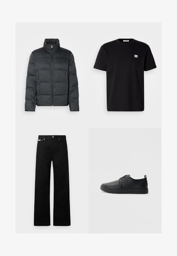 Čierna vypchatá bunda s vysokým golierom, predným zipsom a prešívanou textúrou. Má štvorcový strih a jemný kárový vzor.; Čierne bavlnené tričko s krátkymi rukávmi, okrúhlym výstrihom a malým vyšitým logom na ľavej hrudi. Hladká textúra, štandardný strih.; Čierne džínsy s širokými nohavicami, obsahujúce päť vreciek a kovové zapínanie. Hladká textúra, bez viditeľných vzorov.; Čierne kožené tenisky s hladkým povrchom, zaoblenou špičkou, tonálnym šitím, šnurovaním vpredu a plochou gumovou podrážkou. Obojok na päte.