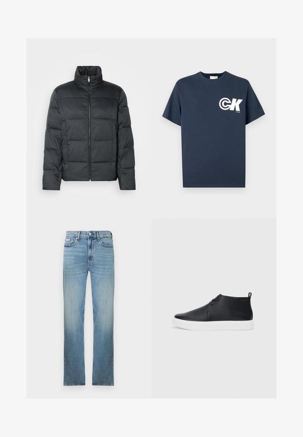 Svart vadderad jacka med hög krage, framdragkedja och quiltad textur. Har en fyrkantig form och en subtil rutmönstring.; Marinblå kortärmad T-shirt med rund halsringning och vit CK-logga samt texten "Calvin Klein" på vänster bröst.; Ljusblå jeans i denim med rak benform, fem fickor och en blekt finish. Har knappgylf och bälteshällor.; Svarta läderhögsneakers med en slät yta, vit gummisula och enkel snörning. Har en dragflik på baksidan.