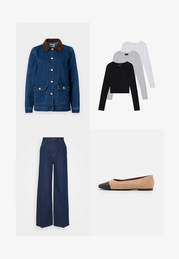 Tumesinise viimistlusega teksajakk, pruunist kardinast krae, hõbedased nupud ja kaks eesmist taskut. Omab klassikalist disaini.; Kolm pikkade varrukatega toppi, mis on üksteise peale asetatud: must, hall ja valge. Igal ühel on ümar kaelus ja lühike disain, valmistatud siledast, kergekaalulisest kangast.; Kõrge vöökohaga laiad tumesinised teksapüksid, millel on ees- ja tagataskud, nööpide sulgemine ning nähtavad õmblusdetailid.; Beežist nubukist balletkingad musta nahast ümara ninaotsaga, madala kanna ja siledaga, millel on minimaalne õmblus ja lihtne disain.