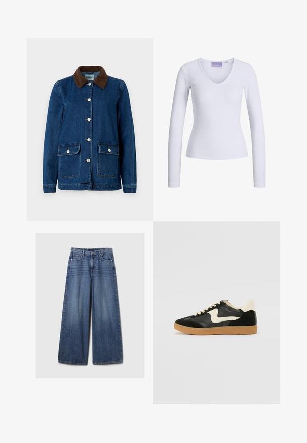 Džinsu jaka ar tumši zilu apdari, brūnu kordūrā kolu, sudraba spiedpogu un divām priekšējām kabatām. Iespējo klasisku dizainu.; Balta garenā piedurkņu blūze ar ribota tekstūra un V veida kakla izgriezumu. Kakla iekšpusē redzams zīmola nosaukums "JJXX".; Platām kājām zila denima bikses ar izbalējušu apdari, ar pogu un rāvējslēdzēju, pieciem kabatām un jostu cilpām.; Melna zamšāda un ādas sporta apavi ar krēmkrāsas sānu svītru un gaiši krēmkrāsas papēdi. Ar beigu krāsas auklām un gumijas zole.