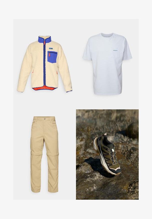 Kremowa polarowa kurtka z niebieskim kołnierzem, niebieską kieszenią na piersi z zamkiem błyskawicznym, niebieskimi detalami zamka i pomarańczowymi uchwytami zamka, widoczna naszywka marki na piersi.; Biała bawełniana koszulka z krótkim rękawem, okrągłym dekoltem i kieszonką na lewej piersi z niebieskim logo "Patagonia". Klasyczny krój o gładkiej fakturze.; Beżowe spodnie z zamkiem błyskawicznym, o gładkiej fakturze, z dwiema bocznymi kieszeniami, zapięciem na guzik i podwijanymi mankietami dla wszechstronności.; Buty trekkingowe w oliwkowym zielonym i czarnym kolorze z różowymi akcentami. Posiadają teksturowaną górę, elastyczną podeszwę, wzmocniony czubek oraz kolorowy system sznurowania.