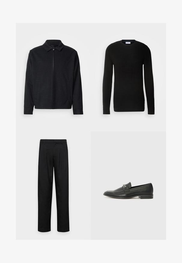 Zwarte jas met een gestructureerde weefsel, ritsvoorkant, puntige kraag en twee zijzakken. Bevat elastische manchetten en een rechte zoom.; Zwart lange mouwen trui met een geribbelde textuur, ronde halslijn en aansluitende manchetten. Gemaakt van een zachte, rekbare stof.; Zwarte broeken van gladde stof, met een recht model, twee voorknikken en een standaard tailleband met riemlussen.; Zwarte leren instapper met een gladde afwerking, voorzien van een gestikt ontwerp en een decoratieve metalen kettingaccent over de wreef. Platte hak.