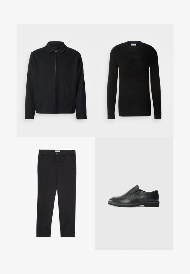 Mustkas jope, millel on tekstuuriga kude, lukuga esiosa, teravad kraed ja kaks külge taskut. Omab elastseid mansette ja sirget äärt.; Musthave musta pika varrukaga sviiter, millel on soonikkoes, ümar kaelus ja rattakujulised mansetid. Valmistatud pehmest ja venivast materjalist.; Mustad puuvillased püksid kitsas lõikes, millel on kaks külgtaskut ja ees klõpsuga kinnitamine. Tekstuuriga kangas, millel on peened detailid.; Must musta laia suuga king, millel on sile ülemine osa, õmmeldud detailid, ümmargune nina ja madal kummist konts. Tallal on minimaalne mustr.