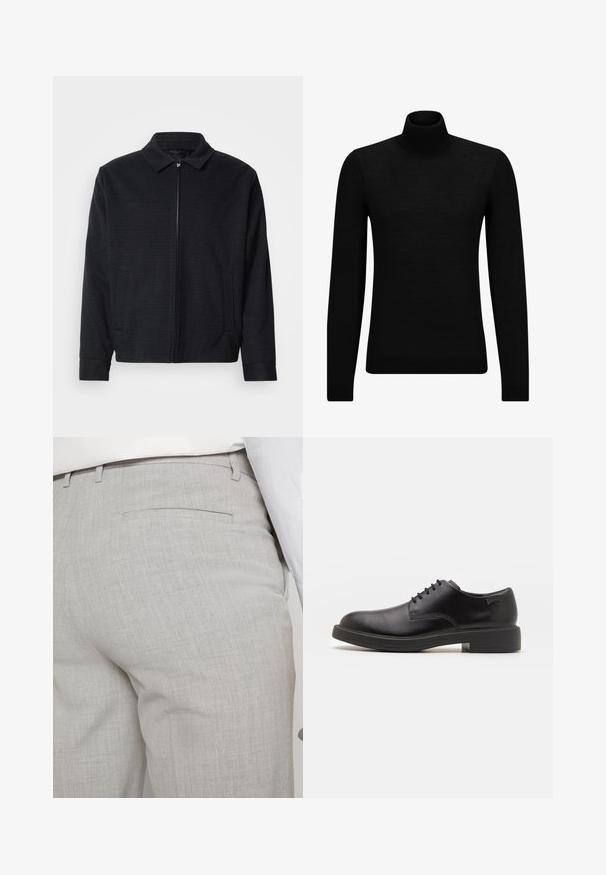 Mustat takki, jossa on teksturoitu kudonta, vetoketjukiinnitys edessä, terävä kaulus ja kaksi sivutaskua. Varustettu joustavilla hihansuilla ja suoralla helman lopulla.; Mustahuivi neule, joka on valmistettu pehmeästä materiaalista, jossa on pitkät hihat ja tiukka istuvuus. Ribbaus reunassa ja hihansuissa. Yksinkertainen muotoilu.; Vaaleanharmaat räätälöidyt housut tekstuuripintaisesta kankaasta, joissa on yksi takatasku ja siistit saumat.; Mustat nahkasaappaat, joissa on pyöreä kärki, sileä pinta, minimaalinen ommel ja matala kumipohja. Logo kannassa.