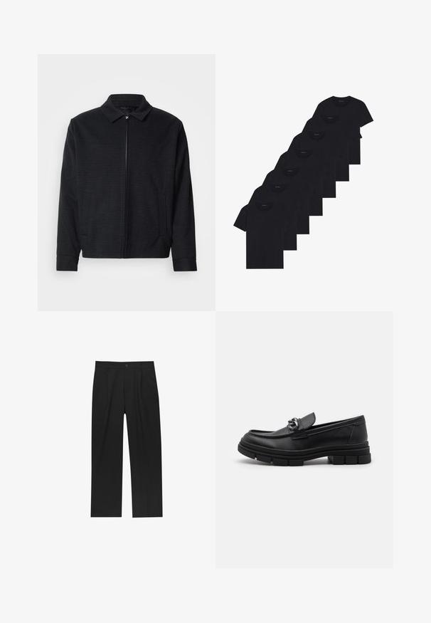 Čierna bunda s textúrovanou tkaninou, s predným zipsom, špicatým golierom a dvoma bočnými vreckami. Obsahuje elastické manžety a rovný lem.; Sada ôsmich čiernych bavlnených tričiek s krátkymi rukávmi a okrúhlym výstrihom, s jednoduchým dizajnom a jemnou textúrou.; Čierne nohavice s rovnými nohavicami, vyrobené z hladkej tkaniny. Majú predné puky a jediné gombíkové zapínanie v páse.; Čierne kožené mokasíny s okrúhlym špičkou, dekoračným pásikom a kovovými prvkami, a robustnou textúrovanou podrážkou. Hladký povrch s jemnými detailami.