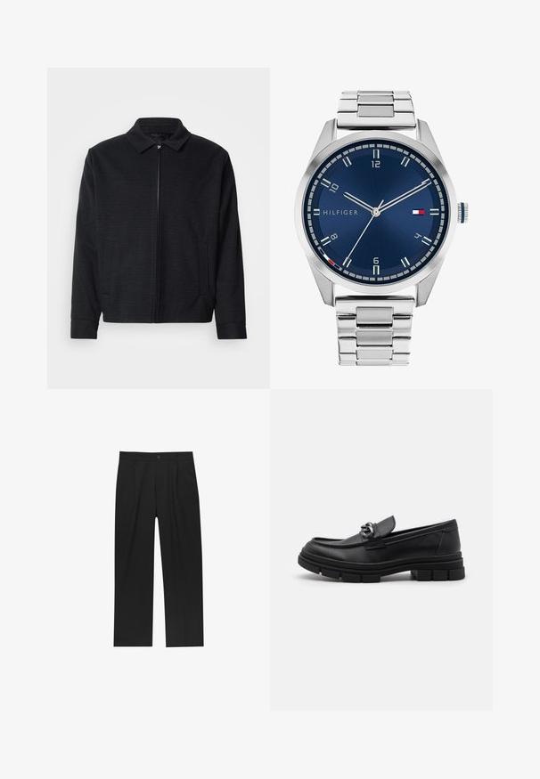 Čierna bunda s textúrovanou tkaninou, s predným zipsom, špicatým golierom a dvoma bočnými vreckami. Obsahuje elastické manžety a rovný lem.; Sada ôsmich čiernych bavlnených tričiek s krátkymi rukávmi a okrúhlym výstrihom, s jednoduchým dizajnom a jemnou textúrou.; Čierne nohavice s rovnými nohavicami, vyrobené z hladkej tkaniny. Majú predné puky a jediné gombíkové zapínanie v páse.; Čierne kožené mokasíny s okrúhlym špičkou, dekoračným pásikom a kovovými prvkami, a robustnou textúrovanou podrážkou. Hladký povrch s jemnými detailami.; Strieborné kovové hodinky s brúseným modrým ciferníkom, bielymi indexmi a zobrazením dátumu. Majú prepojený kovový remienok a logo značky.