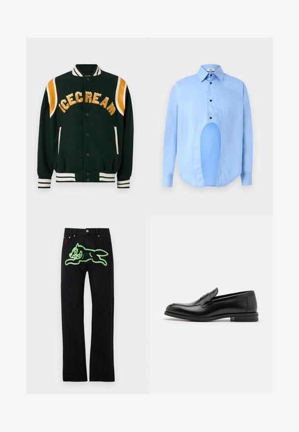 Jachetă varsity verde închis, cu cuvântul "ICECREAM" brodat în aur, accente din piele portocalie pe umeri și manșete și guler ribana albă cu dungi.; Cămașă albastru deschis cu mâneci lungi, guler ascuțit, nasturi negri și o decupare unică în față pentru un design distinctiv.; Blugi negri cu croială dreaptă, având un grafic mare și verde al unei pisici de desen animat care aleargă pe spate. Accente din metal argintiu.; Mocasini din piele neagră cu o textură netedă, vârf rotund și o curea decorativă peste partea superioară. Toc mic, design minimalist.