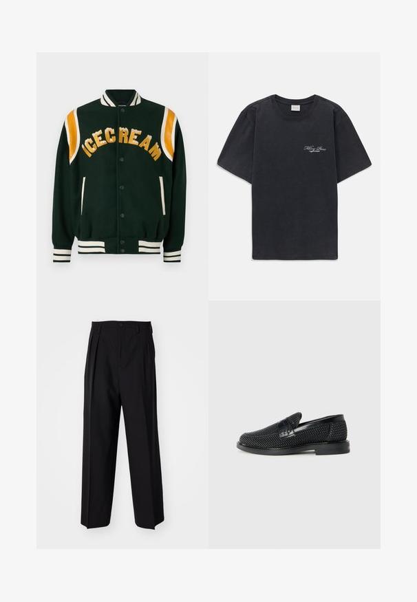 Jachetă varsity verde închis, cu cuvântul "ICECREAM" brodat în aur, accente din piele portocalie pe umeri și manșete și guler ribana albă cu dungi.; Tricou negru cu mânecă scurtă și gât rotund, având un mic logo alb "Filling Pieces" pe partea stângă a pieptului.; Pantaloni negri plisat cu un design drept și pantaloni largi. Construiți dintr-un material neted, prevăzuți cu închidere cu nasture și bucle pentru curea.; Pantofii negri din material textil, cu accent din piele netedă pe partea superioară, design cu vârf rotund și talpă din cauciuc de profil redus.