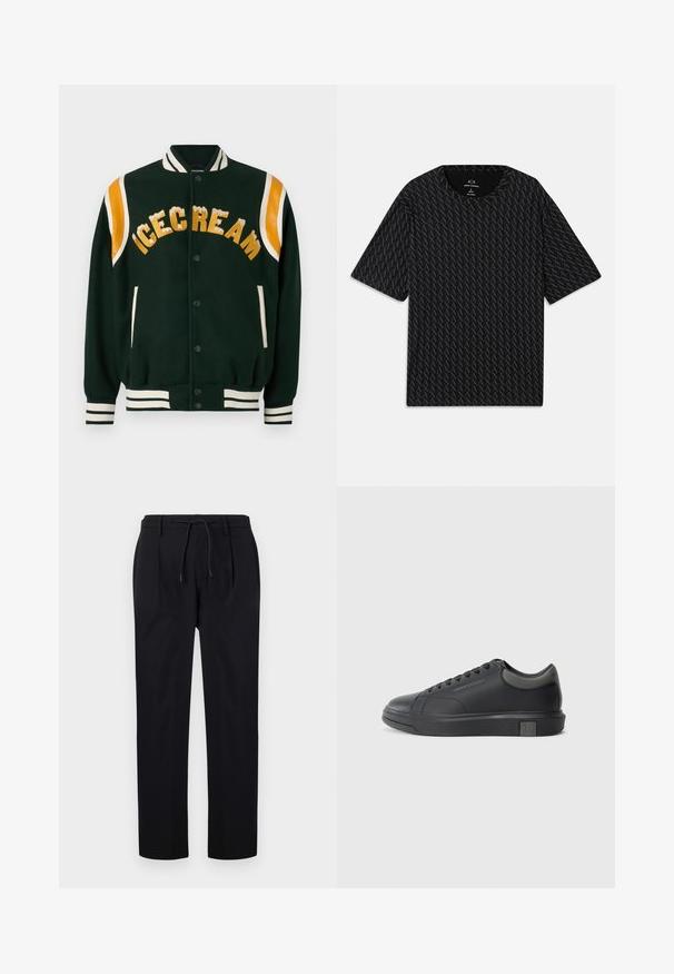 Giacca varsity verde scuro con "ICECREAM" ricamato in oro, spalle in pelle arancione e polsini e colletto a righe bianche.; T-shirt nera con un motivo testurizzato di loghi 'A' alternati, maniche corte e scollo rotondo. Realizzata in tessuto leggero.; Pantaloni neri in tessuto liscio, con vita regolabile, gambe dritte e pieghe frontali per un aspetto strutturato.; Sneaker in pelle nera con finitura liscia, punta arrotondata e accenti grigio scuro. Presenta un design con lacci e suola in gomma testurizzata.