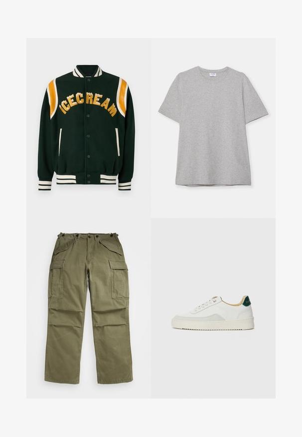 Tumši zaļš universitātes jaciņa ar zeltītā izšūta vārda "ICECREAM", oranžām ādas plecu akcentiem un baltām svītrām ribinātām piedurknēm un apkakli.; Pelēks īsā piedurkņu T-krekls, kas izgatavots no mīkstas, teksturētas auduma. Tam ir klasiskā apļa kakla izgriezums un taisna apakšmalā, piemērots ikdienas valkāšanai.; Olive zaļas militārās bikses, izgatavotas no teksturēta auduma, ar vairākām priekšējām un sānu kabatām un pastiprinātām šuvēm.; Baltas sneakers ar zamša akcentiem, noapaļota purngala, plakaniem auklām un krēmkrāsas gumijas zoli. Ar zaļu zīmolu uz papēža.