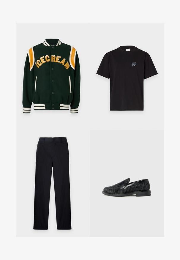 Tamsiai žalia universiteto striukė, su „ICECREAM“ išsiuvinėtu auksu, oranžinės odos peties akcentais ir baltais juostuotais dygsliais ant rankovių ir apykaklės.; Juodas medvilninis marškinėliai su apvalia kaklo iškirpte ir trumpomis rankovėmis. Yra mažas mėlynas logotipas ant kairiojo krūtinės. Paprastas, tiesus kirpimas.; Juodos kelnės, pagamintos iš lengvos tekstūruotos medžiagos, tiesaus silueto, su elastingu juosmeniu ir šoniniais užtrauktukų kišenėmis.; Juodas pintas slip-on tipo batelis su lygiu odiniu akcentu viršuje, apvalios nosies dizainas ir žemas guminis padas.