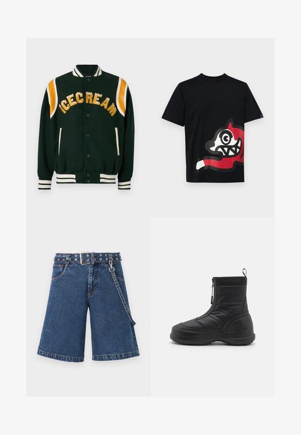 Sötétzöld egyetemi dzseki, arany színű "ICECREAM" hímzéssel, narancssárga bőr vállrész kiemelésekkel, valamint fehér csíkos bordázott mandzsettákkal és gallérral.; Icecream JUMBO RUNNING DOG - Nyomott mintás póló - black; Sötétkék farmer rövidnadrág, széles szabású dizájn, övvel a deréknál, fém szegecsekkel, kontrasztos varrással és oldalsó lánccal.; Fekete vízálló hócipő sima szintetikus felsőrésszel, cipzáras záródással, párnázott gallérral és barázdált gumitalppal. A "MOON BOOT" márkázás emeli ki.