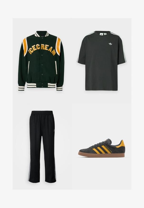 Mørkegrønn varsity-jakke med "ICECREAM" brodert i gull, oransje lærakenter på skulderne, og hvite stripede ribbede mansjetter og krage.; Svart t-skjorte i bomull med korte ermer, rund hals og hvite trestripesdetaljer på skuldrene. Har en liten hvit logo på brystet.; Sorte treningsbukser med elastisk midjebånd, med hvite sidestiper og en liten logo. Materialet ser mykt og lett ut.; Sort skinnesko i svart semsket skinn med gule detaljer, med tre striper og en brun gummisåle. Inkluderer en polstret tunge for komfort.