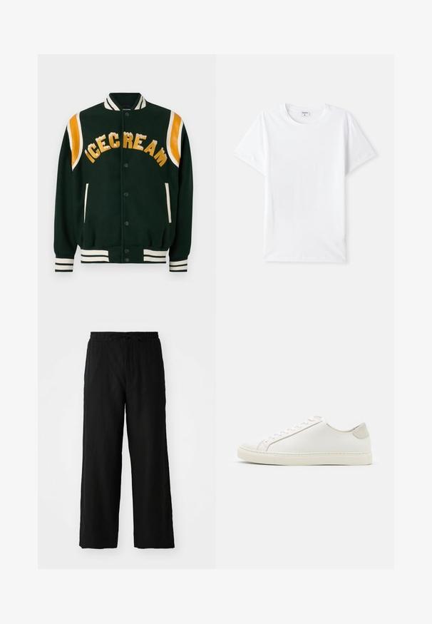 Sötétzöld egyetemi dzseki, arany színű "ICECREAM" hímzéssel, narancssárga bőr vállrész kiemelésekkel, valamint fehér csíkos bordázott mandzsettákkal és gallérral.; Fehér pamut póló, kerek nyakkivágású, rövid ujjú, sima textúrájú, minta és díszítés nélküli, egyszerű kialakítás, szabványos méret.; Fekete, bő szárú nadrág könnyű anyagból, rugalmas derékkal és zsinórral, látható zsebek vagy minták nélkül.; Fehér bőr sneaker sima felülettel, kerek orral és minimalista dizájnnal. Bézs kiemelésekkel a sarokon és gumitalppal rendelkezik.