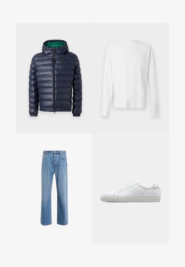 Navy puffer jacket with a hood, stitched design, green interior, zip closure, and side pockets. Features a branded tag on the chest.; Long-sleeved white cotton shirt with a round neckline, side slits at the bottom, and a smooth texture, displayed from the back.; Light blue denim jeans with a straight-leg design, five pockets, button closure, minimal fading, and contrasting stitching details.; White sneaker with a smooth leather upper and a low profile. Features a rounded toe, six eyelets, and a textured rubber sole.