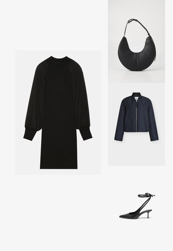 Navy blue cropped bomber jacket made from smooth fabric, featuring a front zipper, ribbed cuffs, and two side pockets.; Black dress featuring a ribbed fabric with puffed sleeves and a high neckline. The silhouette is straight and falls to the knee.; Black leather stiletto shoe with a pointed toe, open back, and ankle straps tied in a bow. Slim 3-inch heel. Smooth texture, minimalist design.; Black leather handbag in a crescent shape with a smooth texture, a single adjustable strap, and a zip closure on the side.