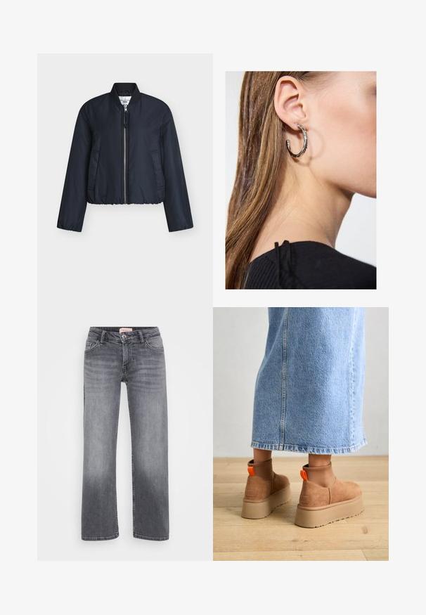 Navy blue cropped bomber jacket made from smooth fabric, featuring a front zipper, ribbed cuffs, and two side pockets.; Even&Odd Petite 2 PACK - Top - light grey/black; Gray denim jeans with a straight leg design, five-pocket style, subtle fading, and a button closure at the waist.; Brown suede platform boots with elastic side panels and orange pull tabs, paired with a knee-length light denim skirt on a wooden floor.; Silver hoop earring with a polished finish, featuring small gold accent details and a round shape, worn on the lobe.