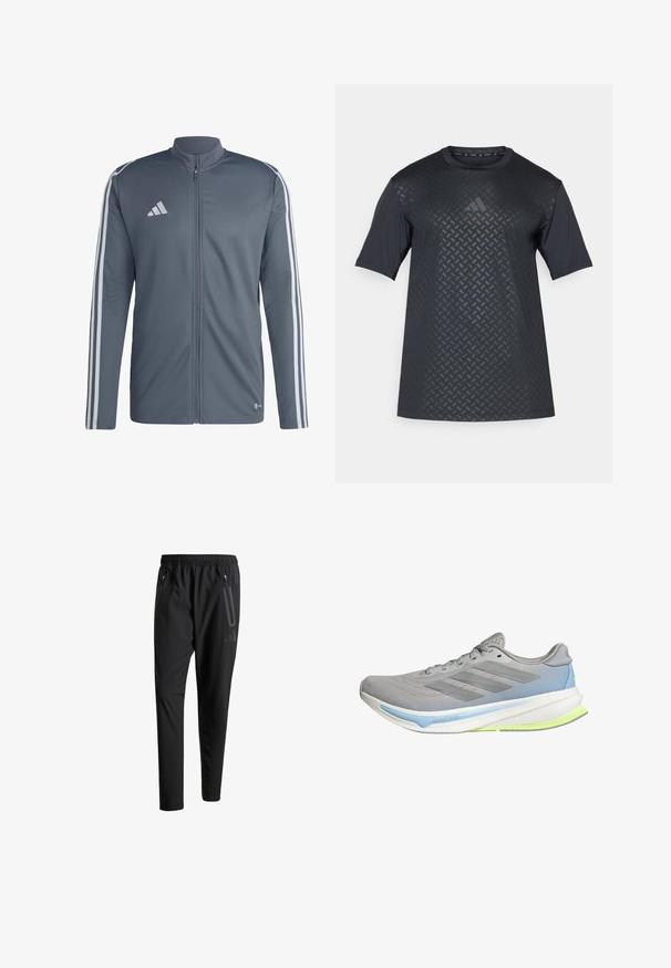 Graue Sportjacke aus Polyester. Hat einen vollständigen Reißverschluss, einen hohen Kragen und weiße Streifen entlang der Schultern. Adidas-Logo auf der Brust.; Schwarzes Kurzarmshirt mit einem strukturierten geometrischen Muster auf der Vorderseite und glattem Rücken, hergestellt aus leichtem, atmungsaktivem Material.; Schwarze Sporthose mit elastischem Bund, zwei Reißverschlusstaschen an den Seiten, schmal zulaufenden Beinen und einem dezenten Logo-Detail an der Hüfte.; Leichte Laufschuhe aus grauem Mesh mit blauen und limonengrünen Akzenten. Sie verfügen über eine gebogene Sohle, ein strukturiertes Muster und sechs Ösen für die Schnürsenkel.