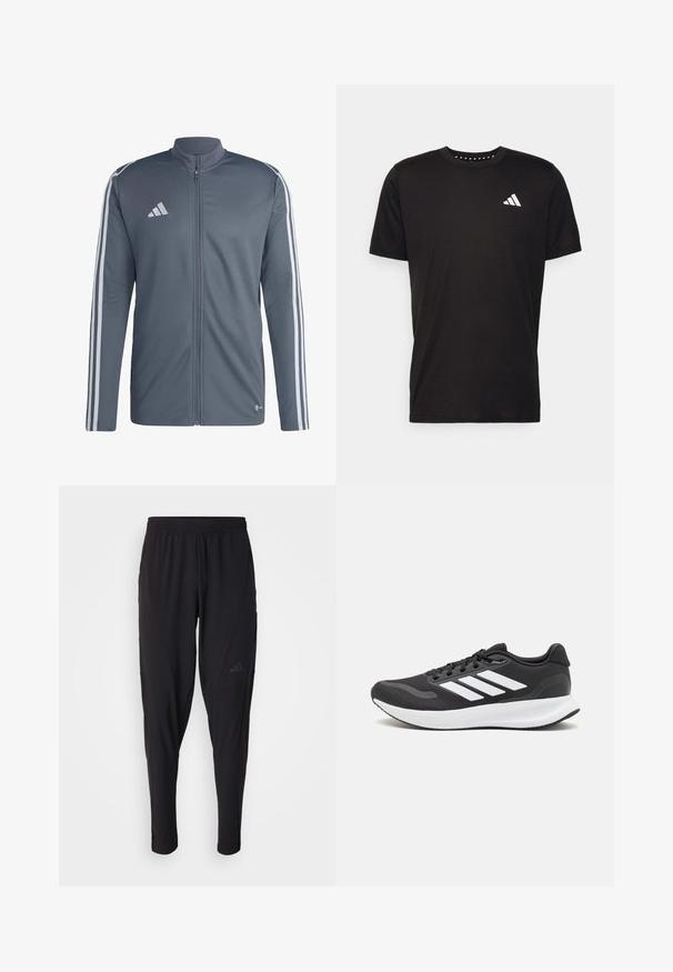 Graue Sportjacke aus Polyester. Hat einen vollständigen Reißverschluss, einen hohen Kragen und weiße Streifen entlang der Schultern. Adidas-Logo auf der Brust.; Schwarzes Baumwoll-T-Shirt mit kurzen Ärmeln, Rundhalsausschnitt und einem weißen Logo auf der linken Brust. Glatte Textur und einfaches Design.; Schwarze Sporthosen mit elastischem Bund, tailliertem Design, Seitentaschen und dezenten Logo-Details. Hergestellt aus flexiblem, atmungsaktivem Material.; Schwarzer Sportschuh mit atmungsaktivem Mesh-Obermaterial, weißen Akzenten und einer gepolsterten Sohle. Mit drei Streifen-Logo an der Seite.