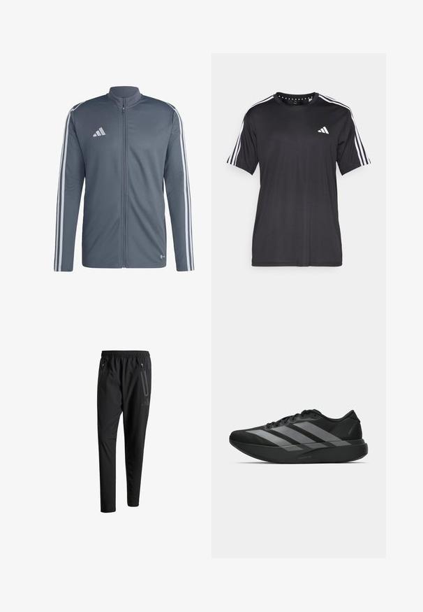 Graue Sportjacke aus Polyester. Hat einen vollständigen Reißverschluss, einen hohen Kragen und weiße Streifen entlang der Schultern. Adidas-Logo auf der Brust.; Schwarzes T-Shirt mit kurzen Ärmeln und weißem Dreistrichdesign an den Schultern sowie Logo auf der Brust. Hergestellt aus atmungsaktivem Stoff, glatte Textur.; Schwarze Sporthose mit elastischem Bund, zwei Reißverschlusstaschen an den Seiten, schmal zulaufenden Beinen und einem dezenten Logo-Detail an der Hüfte.; Schwarze Sportschuhe mit einem leichten Design, ausgestattet mit drei auffälligen grauen Streifen, einer glatten Textur und einer konturierten Sohle.
