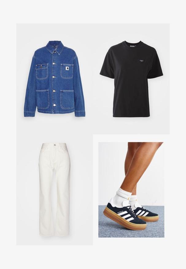 Niebieska kurtka dżinsowa z klasycznym kołnierzykiem, dwiema przednimi kieszeniami, srebrnymi dodatkami oraz małą naszywką z logotypem marki na lewej piersi.; Czarny bawełniany t-shirt z okrągłym dekoltem, krótkimi rękawami i małym serduszkowym logo w górnym lewym rogu. Gładka tekstura, luźny krój.; Białe dżinsy o wysokim stanie i szerokich nogawkach. Posiadają zapięcie na guzik i zamek, szlufki na pasek oraz subtelne detale przeszycia.; Czarne zamszowe trampki z białymi paskami i akcentami, zaokrąglonym noskiem, gumową podeszwą w kolorze jasno-brązowym, zestawione z białymi żebrowanymi skarpetkami do kostki.