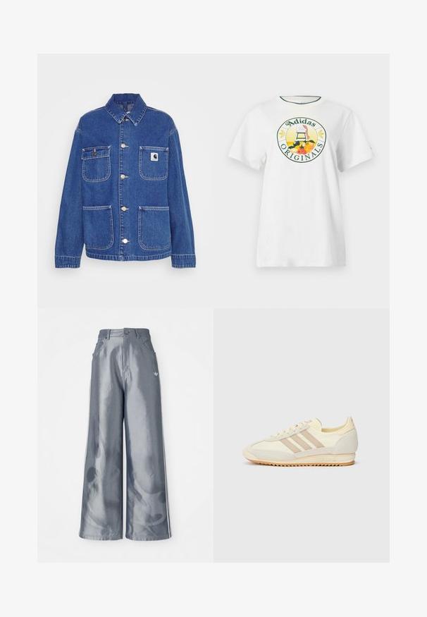 Kék farmerdzseki klasszikus gallérral, két elülső zsebbel, ezüst színű fémalkatrészekkel és egy kicsi márkájú logóval a bal mellkason.; Fehér pamut póló rövid ujjakkal, kerek grafikus logóval zöld és sárga színben, amelyen az "Adidas Originals" felirat és gyümölcs minták láthatók.; Fényes szürke anyagú, bőszárú nadrág, fehér oldalsávokkal és lángmintával az alsó lábakon. Gombos és cipzáras záródás a deréknál.; Krém színű sportcipő, három bézs csíkkal, velúr és textil anyagokból, texturált talppal és dombornyomott márkázással a saroknál.