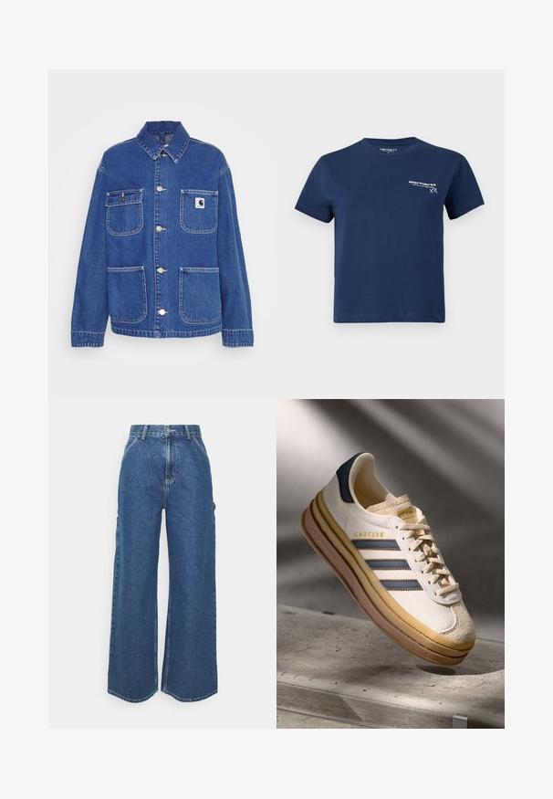 Kék farmerdzseki klasszikus gallérral, két elülső zsebbel, ezüst színű fémalkatrészekkel és egy kicsi márkájú logóval a bal mellkason.; Tengerészkék pamut póló rövid ujjakkal, kerek nyakkivágással, fehér logóval a bal elülső oldalon. Egyszerű dizájn, sima textúra.; Széles szárú, kék farmernadrág magas derékkal, kontrasztos varrással és oldalsó zsebekkel, klasszikus öt zsebes kialakítással és nyers szegéllyel.; Adidas Gazelle sneaker, krém színű velúr felsőrésszel, kék bőr részletekkel, három kék csíkkal, bézs középtalppal és barna gumitalppal.