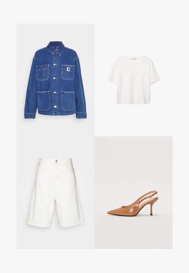 Giacca di jeans blu con colletto classico, due tasche frontali, dettagli in argento e una piccola etichetta del marchio sul lato sinistro del petto.; T-shirt bianco a maniche corte realizzato in cotone. Presenta un collo tondo e una vestibilità rilassata. Texture liscia senza motivi o dettagli visibili.; Bermuda di jeans bianchi a vita alta, con chiusura frontale a bottone, due tasche laterali e una vestibilità comoda. Tessuto liscio senza motivi visibili.; Tacco slingback a punta affusolata in un materiale tan liscio e lucido. Presenta un design con ritaglio curvo e un sottile tacco a stiletto. Dettaglio con fibbia argentata.