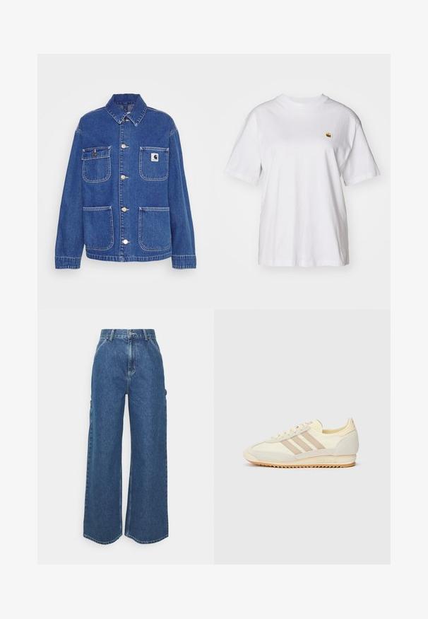 Mėlyna džinsinė striukė su klasikiniu apykakle, dviem priekinėmis kišenėmis, sidabro spalvos detalėmis ir mažu prekės ženklo logotipo užtrauktuku kairiajame krūtinės pusėje.; Balta medvilnė marškinėliai su laisvu sijonu, trumpomis rankovėmis ir maža siuvinėta logo kairėje krūtinės pusėje.; Plačios mėlynos džinsinės kelnes su aukštu juosmeniu, kontrastingais siūlais ir šoninėmis kišenėmis, turinčios klasikinį penkių kišenių dizainą ir brutalius kraštus.; Kreminių spalvų sportiniai bateliai su trimis bežinėmis juostelėmis, pagaminti iš zomšos ir tekstilės medžiagų, su tekstūruota baze ir įspaustu prekiniu ženklu ant kulno.