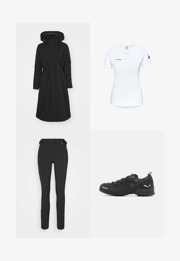 Svart lång kappa med huva, med ett bälte vid midjan, sidofickor och dragkedja. Slätt tyg med en enkel, stilren design.; Kortärmad vit träningsskjorta med rund halsringning, försedd med en logotyp på bröstet och en slät, lätt tygkvalitet.; Svarta, åtsittande byxor tillverkade av ett flexibelt material. Funktioner inkluderar en ficka med dragkedja på sidan, artikulerade knän och en jämn yta.; Svarta vandringsskor med ett texturerat tygöverdrag, snörningssystem och slitstark gummisula. Prydda med reflekterande detaljer och logotyper.
