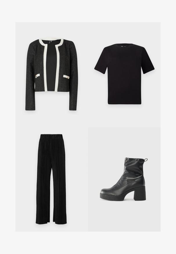 Melnā īsā jakā ar baltu apmalīti un kabatām, kas izgatavota no strukturēta auduma ar metāliskām šķiedrām un diviem zelta tonī akcentiem uz kabatām.; Melnas īsām piedurknēm T-krekls ar apaļu kakla izgriezumu, izgatavots no mīksta kokvilnas auduma. Vienkāršs dizains, bez redzamām logo vai rakstiem.; Melni plīšu bikses ar elastīgu jostu. Tām ir platākas kājas un gluda, teksturēta auduma ar vertikālām svītrām.; Melni potītes zābaki, kas izgatavoti no gludas ādas, ar sānu rāvējslēdzēju, masīvu strukturētu papēdi un noapaļotu purngalu.