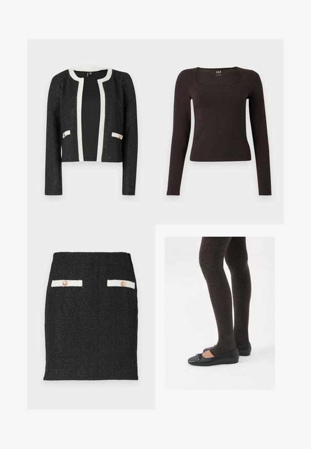 Black cropped jacket with a white trim and pockets, featuring a textured fabric with metallic threads and two gold-tone accents on pockets.; Black long-sleeve, fitted top with a square neckline, labeled GAP, displayed on a white background.; Black tweed skirt with textured fabric and a fitted design. Features two white pocket accents with gold-tone buttons.; Black flat shoes with a small bow detail at the toe, paired with dark brown ribbed tights. Shoes have a smooth texture and low profile.