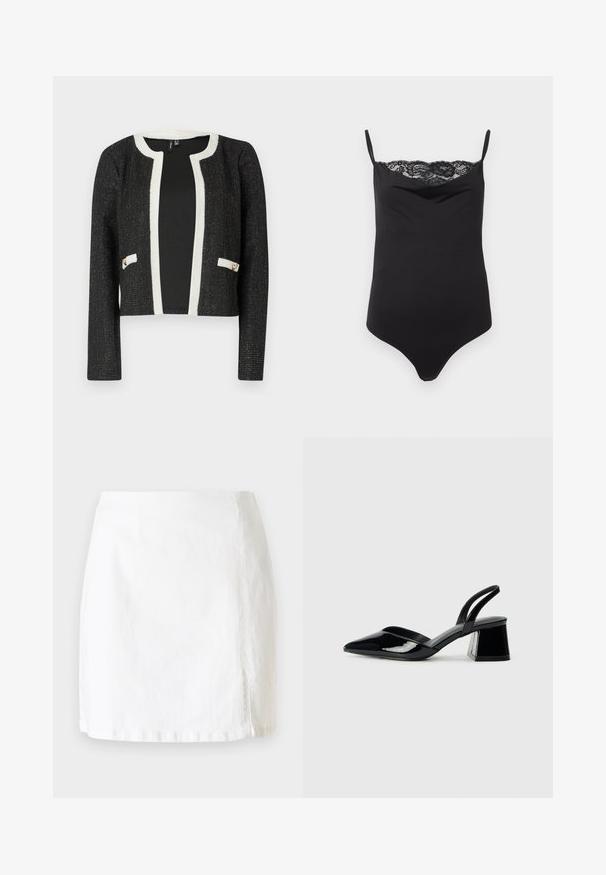 Črna skrajšana jakna z belimi robovi in žepi, izdelana iz strukturirane tkanine z metalnimi nitmi ter dvema pozlačenima detajloma na žepih.; Črn bodi z tankimi naramnicami in čipkastim robom na vrhu. Gladka tekstura, prilegajoča zasnova in globok dekolte.; Bela denim mini krila s ravnim krojem, ki vključuje majhno stransko odprtino in čiste šive za minimalistični dizajn.; Črne lakirane slingback pete s koničastim nosom in geometrijsko blokasto peto. Imajo eleganten, minimalističen dizajn in gladko teksturo.