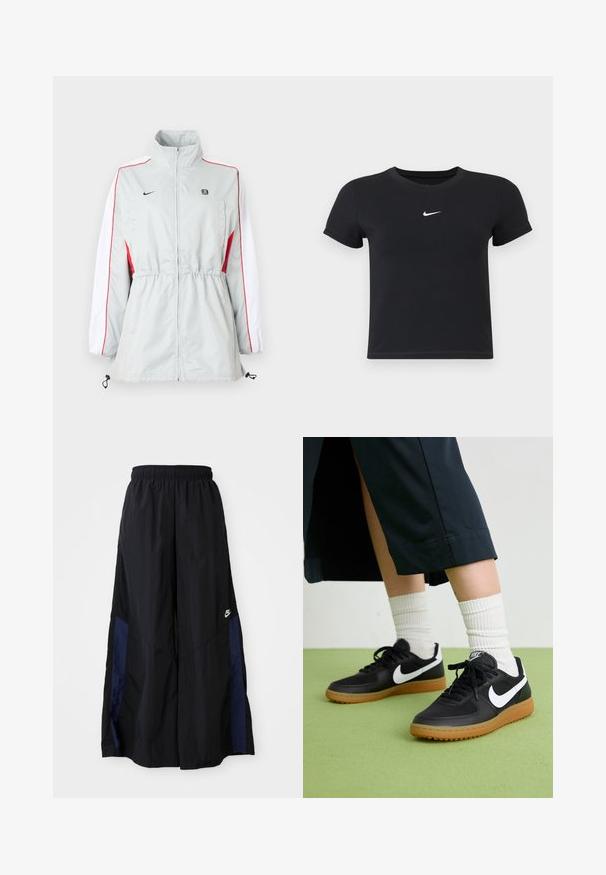 Šviesiai pilka vėjo nepraleidžianti striukė su baltomis ir raudonomis šoninėmis detalėmis, reguliuojama raišteliu juosmenyje, aukštu apykakliu ir juodais logotipais krūtinės srityje.; Juodas trumpas rankoves marškinėliai, pagaminti iš medvilnės, su apvaliu kaklu. Pasižymi balta Nike logotipu ant krūtinės, minimalistišku dizainu ir prigludusia forma.; Juodos plačios kojų kelnės, pagamintos iš lengvos medžiagos, su tamsiai mėlyna šonine juostele ir elastinga juosmens juosta. Maža balta logotipo etikete apačioje.; Juodos odinės ir sintetinių medžiagų sportbačiai su balta Nike swoosh, guminis padas, apvalus pirštas ir juodi raišteliai. Matomos banguotos baltos kojinės.