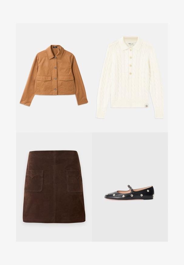 Veste brune cropped en matériau durable, dotée d'un col, d'une fermeture à boutons, de deux poches avant et d'une finition texturée.; Pull en maille torsadée crème avec un col, patte de boutonnage à quatre boutons, poignets côtelés et un petit patch logo en bas.; Jupe en suède marron présentant une silhouette A-line classique, deux poches avant avec des rabats arrondis et des détails de couture discrets.; Chaussure plate en cuir noir type Mary Jane avec un bout arrondi, ornée de clous ronds en argent et dotée d'une sangle réglable avec une boucle.