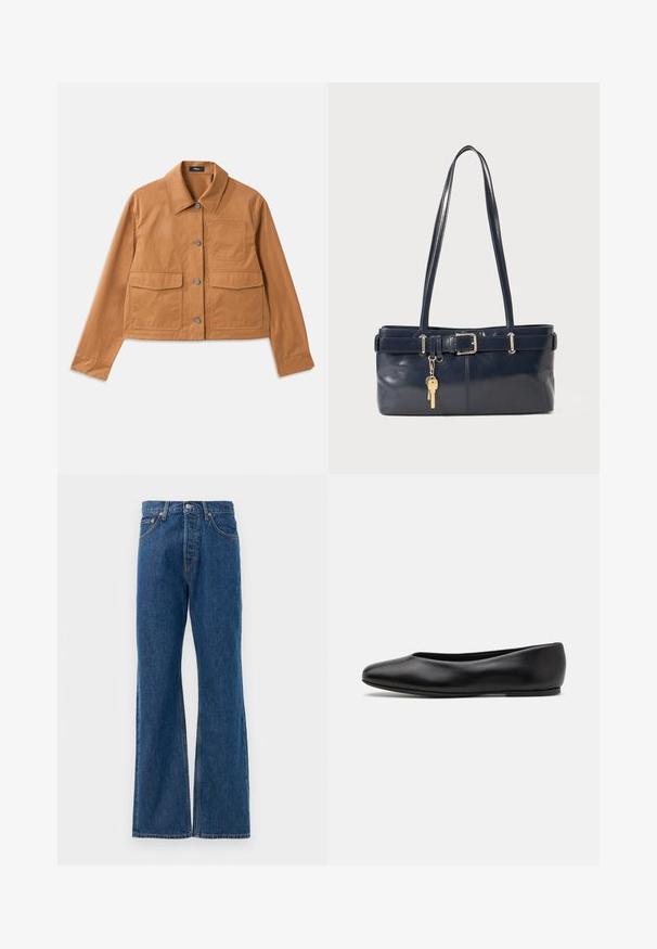 Brown cropped jacket made from durable material, featuring a collared neck, button closure, two front pockets, and a textured finish.; Striped button-up shirt with a white base, featuring narrow multi-colored lines in blue, orange, and green. Long sleeves and a classic collar.; Blue denim flared jeans with a high waist, featuring five pockets, a silver button closure, and visible stitching accents.; Paul Smith TOPANGA - Ballet pumps - black; Navy leather handbag with two long handles, a buckle detail, and a keychain attached. Features a smooth texture and a rectangular shape.