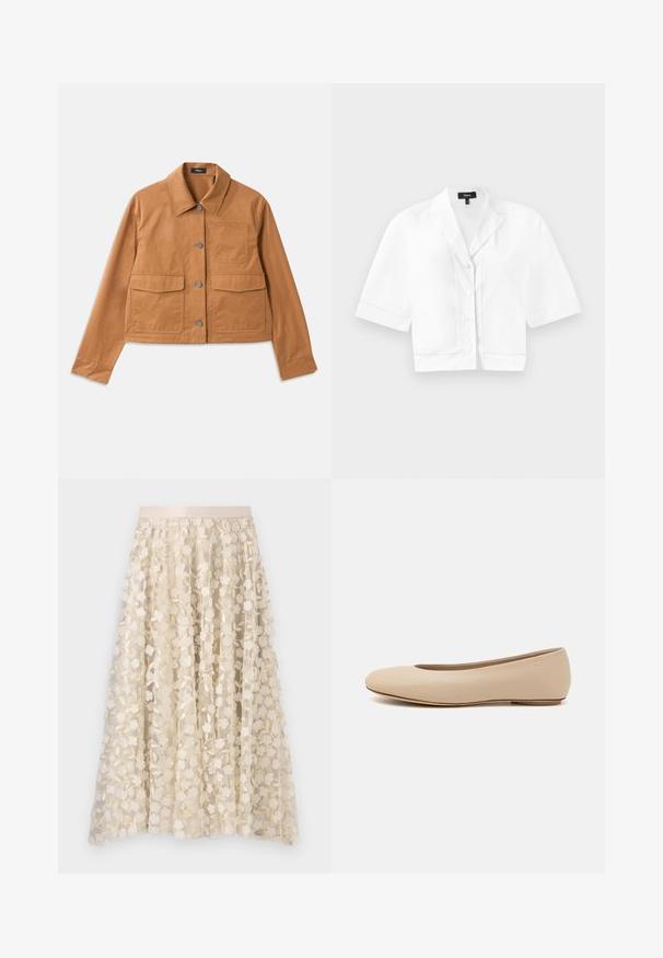 Giacca cropped marrone realizzata in materiale resistente, con collo a camicia, chiusura con bottoni, due tasche frontali e una finitura testurizzata.; Camicia corta bianca a maniche corte con colletto a punta, caratterizzata da una sottile cucitura testurizzata lungo l'orlo e una finitura in tessuto liscia.; Ricamo floreale su una gonna trasparente color crema con una vita in satin. Il design presenta piccoli e delicati fiori e foglie.; Ballerine in pelle beige con punta arrotondata, dettagli di cucitura minimi, tacco basso e logo discreto sul retro. Texture liscia e opaca.