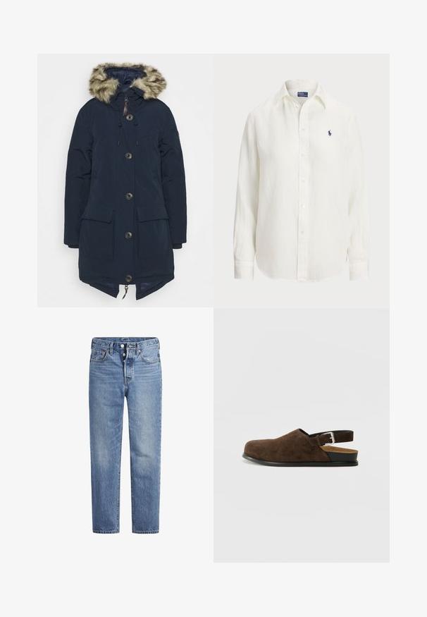 Superdry & Co ROOKIE - Manteau en duvet - navy; Chemise en lin blanche à manches longues, col boutonné et boutons sur le devant. Présente un petit logo brodé bleu sur la poitrine.; Jeans en denim bleu clair avec une coupe droite, un design à cinq poches et un bouton pression. Présentent une légère décoloration et des coutures orange en accent.; Chaussure en suédine marron à enfiler avec un petit talon, une sangle ajustable avec une boucle en argent et une semelle en caoutchouc noire.