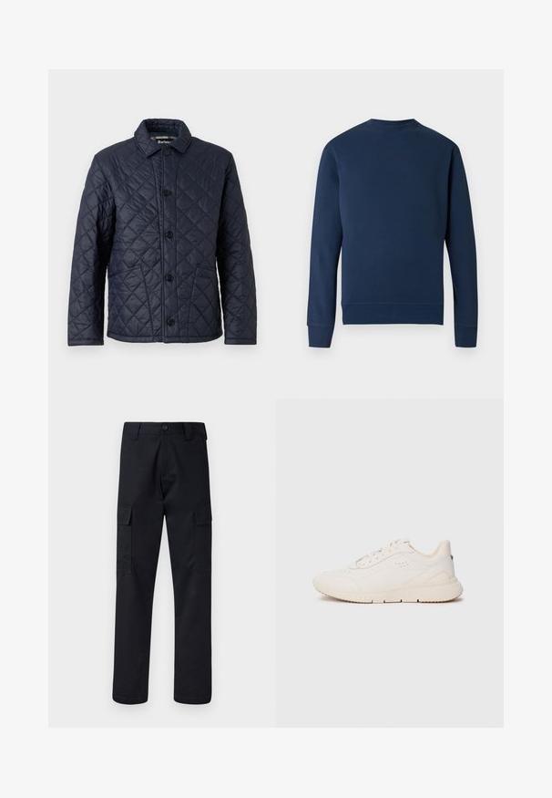 Navy quilted jacket made of lightweight synthetic material, featuring a pointed collar, front pockets, and four button closures.; Navy blue sweatshirt with a round neck, ribbed cuffs, and hem. Features a subtle logo at the chest in a matching color. Smooth fabric texture.; Black cargo pants made of sturdy fabric, featuring a straight-leg cut, two side pockets, and a button closure at the waistband.; White sneaker made of textured material, featuring a smooth sole, lace-up front, and subtle branding on the heel. Minimalist design.