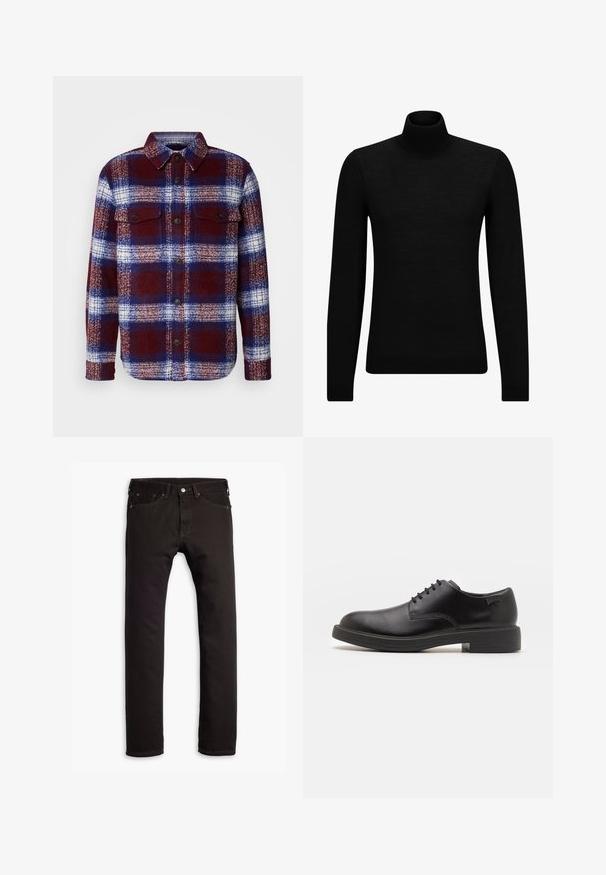 Punainen ja sininen ruudullinen flanellipaita pitkillä hihoilla, napitus edessä ja kaksi rintataskua. Pehmeä rakenne ja klassinen ruutukuosi.; Mustahuivi neule, joka on valmistettu pehmeästä materiaalista, jossa on pitkät hihat ja tiukka istuvuus. Ribbaus reunassa ja hihansuissa. Yksinkertainen muotoilu.; Mustat slim-fit farkut, joissa on viisi taskua ja napitus, esiteltyinä tasaisena valkoista taustaa vasten.; Mustat nahkasaappaat, joissa on pyöreä kärki, sileä pinta, minimaalinen ommel ja matala kumipohja. Logo kannassa.