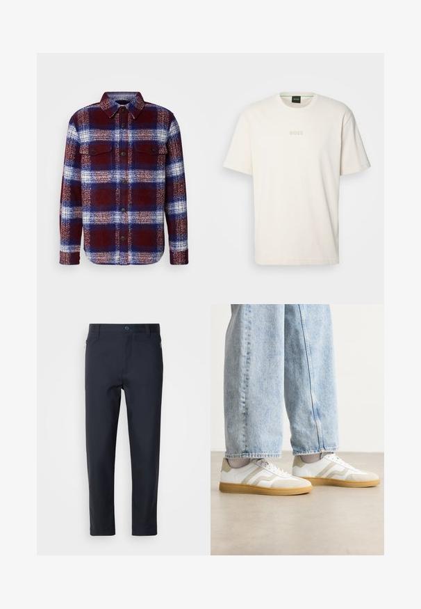 Chemise en flanelle à carreaux rouges et bleus avec des manches longues, fermeture par boutons et deux poches poitrine. Texture douce et motif à carreaux classique.; BOSS TEE - T-shirt basique - open white; Pantalons ajustés bleu marine en tissu lisse, dotés d'une poche zippée, de jambes droites et d'un bouton de fermeture à la taille.; Baskets blanches avec des accentuations en daim beige et des semelles en caoutchouc clair ; présente un design low-top et des détails texturés sur la tige.