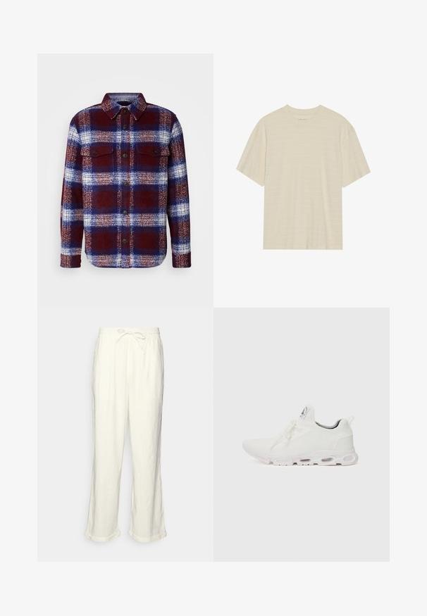 Rød og blå ternet flannel-skjorte med lange ærmer, knaplukning foran og to brystlommer. Blød tekstur og et klassisk checkmønster.; Cremefarvet kortærmet t-shirt med en subtil stribet tekstur og rund halsudskæring, lavet af letvægtsstof.; Linnedbukser i off-white med snoreliv, let brede ben og opsmøgede manchetter til en afslappet pasform. Ingen lommer.; Hvide atletiske sko med en tekstureret strikket overdel, flade snørebånd og en polstret sål med synlige luftkamre for ekstra støtte.