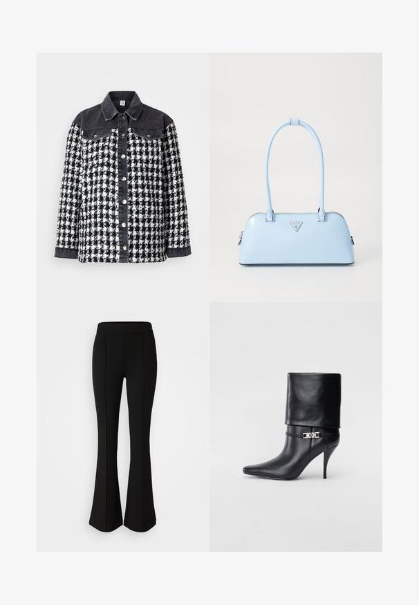 Zwart-wit geruit jasje met een denim kraag en mouwen. Voorzien van metalen drukknoopjes en een textuurdesign met zakken.; Marineblauwe longsleeve top van een gladde, lichte stof. Heeft een ronde halslijn en stikdetails langs de mouwen en zijkanten.; Zwarte flared broek gemaakt van een rekbaar materiaal met een gladde textuur, met naaddetails aan de voorkant voor extra ontwerp.; Zwarte leren enkelboot met een spitse neus, hoge stilettohak, opgevouwen manchet en een gouden decoratieve gespdetails op de enkel.; Lichtblauwe handtas met een gestructureerde vorm, van soepel leer, met twee handvatten en een driehoekig merklogo aan de voorkant. Met ritsluiting.