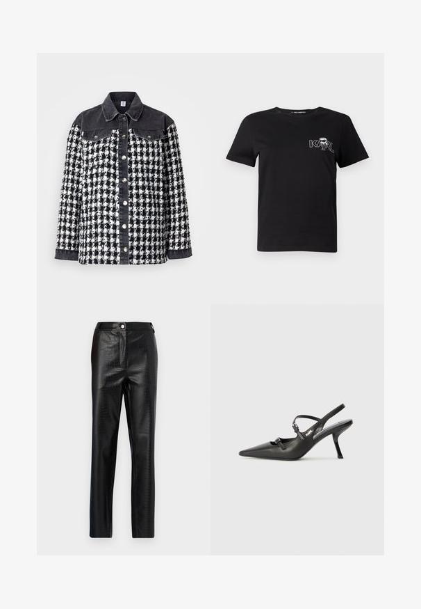 Juodos ir baltos škotų rašto striukė su džinsiniu apykaklė ir rankovėmis. Yra metalinės snap mygtukai ir tekstūruotas audinio dizainas su kišenėmis.; Juodas trumpomis rankovėmis marškinėliai, pagaminti iš medvilnės. Puošia balta grafika su tekstu "KARL" ir stilizuotu figūra ant krūtinės. Apvalus iškirpimas.; Juodos dirbtinės odos kelnės su krokodilo raštu, siauras kirpimas, tiesaus kirpimo dizainas, su priekiniais sagos uždarymu ir standartine juosmens juosta.; Juodi odiniai slingback kulniukai su smailiu pirštu, siauru kulnu ir dekoratyvine sagtimi viršuje. Lygus paviršius ir elegantiškas dizainas.