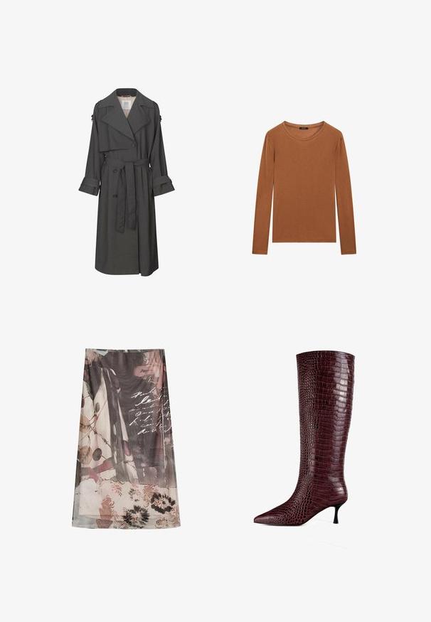 Grå trenchcoat med dubbelknäppt front, bälte i midjan, breda slag och manschetter. Har en mjuk textur och skräddarsydd design.; Massimo Dutti WITH NECKLINE DETAIL - Långärmad tröja - ochre; Genomskinlig scarf med ett blommigt och abstrakt mönster i dämpade nyanser av rosa, grön och brun med handskrivna textaccenter.; Burgundyröd högklackad stövel med spetsig tå, tillverkad av texturerad syntetisk krokodilskinn med en liten stilettklack och slät yta.