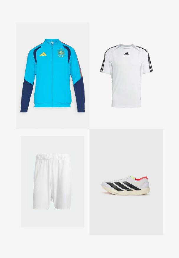 Türkiissinine spordijakk tumedate varrukatega, kollase luku ja Adidas logo ning rinnal on Hispaania riigivapp.; Valge lühikeste varrukatega spordipaita, millel on mustad Adidas kolm rada õlgadel, valmistatud siledast ja kergest kangast.; Valged spordilühikesed püksid, mis on valmistatud kergest kangast, elastse vöökoha, sileda tekstuuri ja põlveni ulatuva lõikega.; Valge jooksuking mustade triipudega, ere roheline aksessuaar ja punane konts. Omab kerget disaini ja tekstureeritud talla, mis tagab haarde.