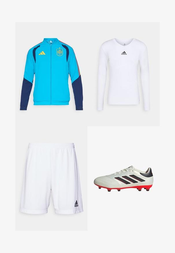 Türkisfarbene Sportjacke mit marineblauen Ärmeln, ausgestattet mit einem gelben Reißverschluss und dem Adidas-Logo. Das spanische Nationalwappen ist auf der Brust zu sehen.; Langärmliges weißes Sportshirt aus glattem Material mit einem schwarzen Adidas-Logo auf der Brust; V-Ausschnitt-Design und figurbetonte Form.; Weiße Sportshorts mit elastischem Bündchen, aus einem glatten Stoff gefertigt. Mit einem schwarzen Adidas-Logo auf der unteren linken Seite.; Weißer Fußballschuh mit schwarzen Akzenten und roter Sohle. Verfügt über drei schwarze Streifen an der Seite und ein glattes Obermaterial.