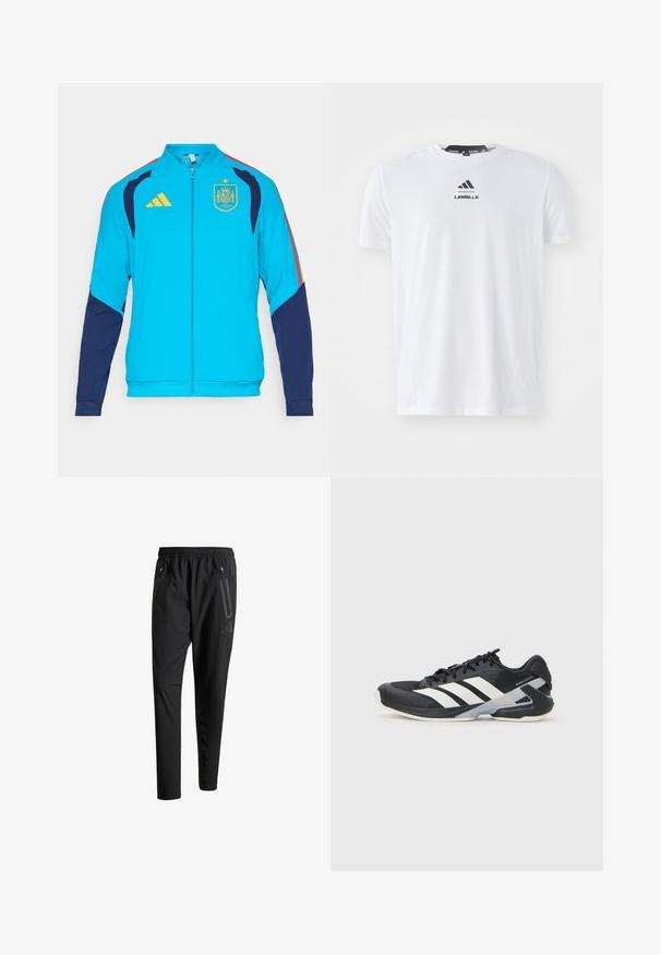 Tirkizna sportska jakna s tamnoplavim rukavima, sadrži žuti patentni zatvarač i Adidasov logo. Na prsima je prikazan španjolski nacionalni grb.; Bjela sportska majica od lagane tkanine. Ima okrugli izrez, kratke rukave i crni "LES MILLS" logo sprijeda.; Crne atletske hlače s elastičnim pojasom, dva bočna džepa sa zatvaračem, suženi nogavici i diskretnim logotipom na kuku.; Crne atletske cipele s bijelim prugama, mrežasta gornja strana, zaobljeni prst i podstavljeni đon. Imaju teksturiranu petu i siguran sustav vezivanja.